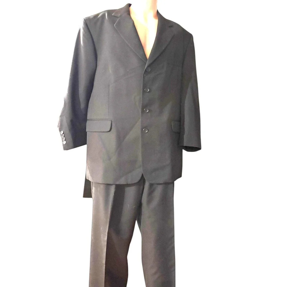 Mens Black Wool Blend 4 Button Suit‎ Blazer Pleated Pants Set 46/40 S